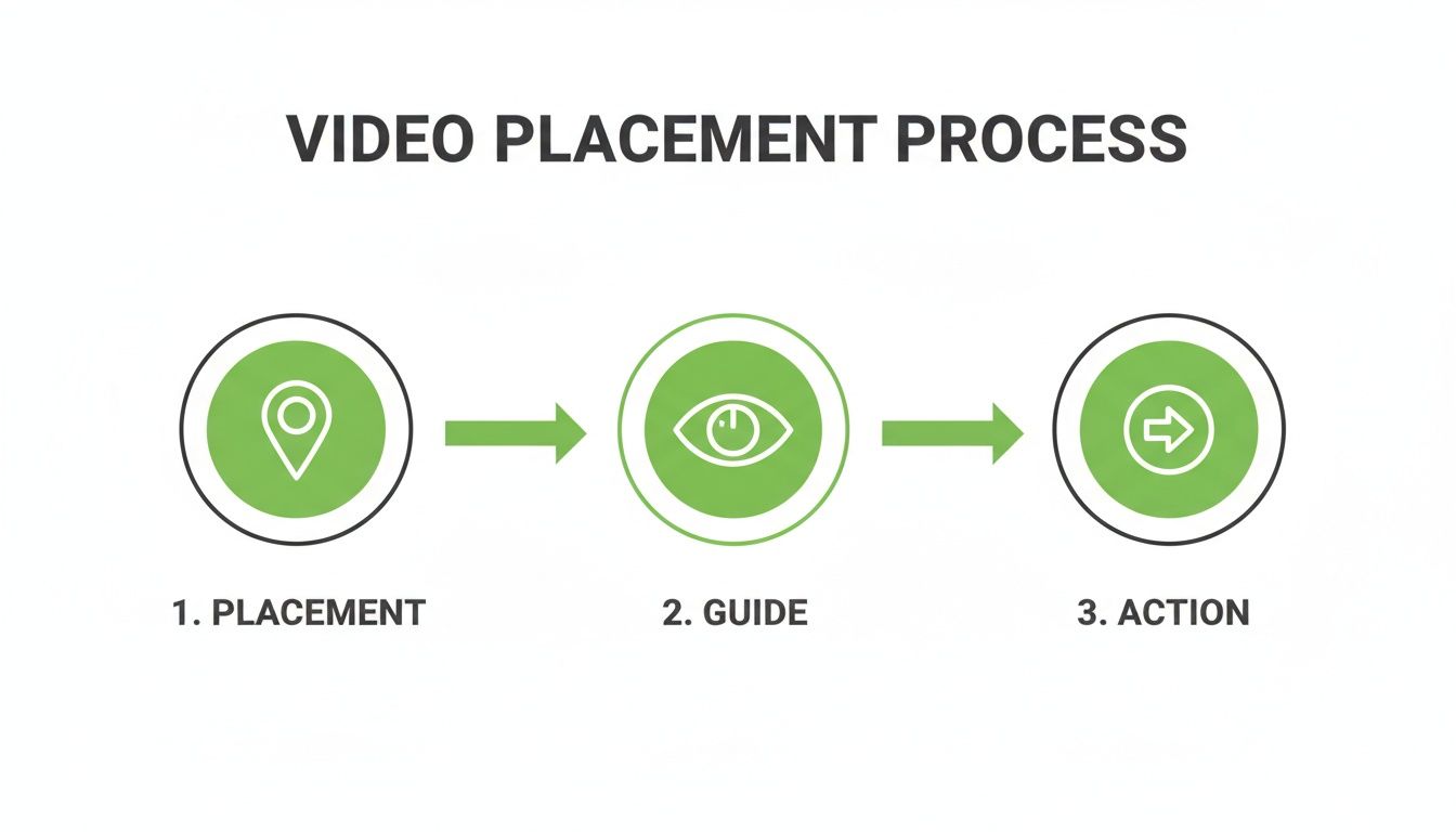 Une infographie horizontale illustre le processus de placement de la vidéo en trois étapes : placement, guide et action.