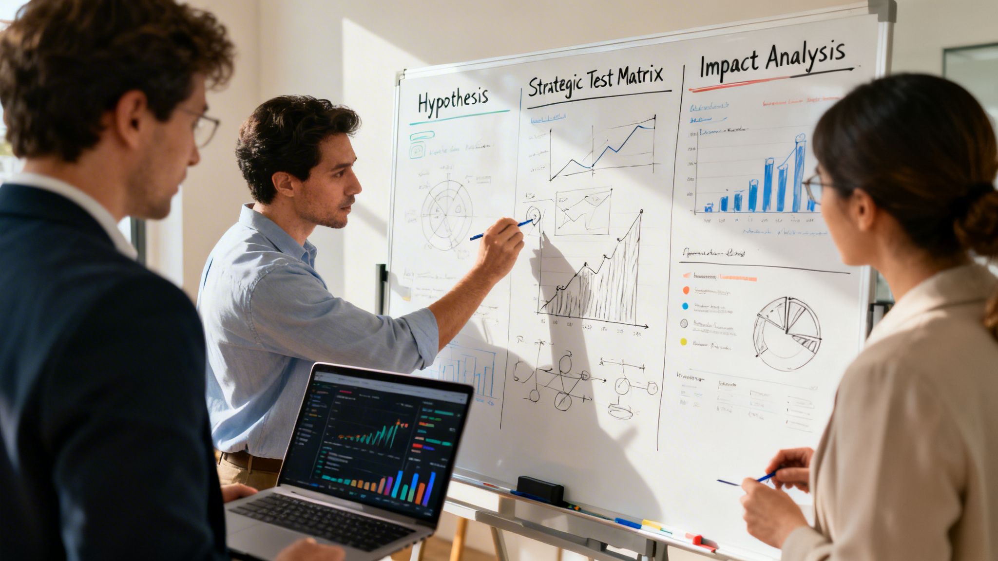 Ein professionelles Team arbeitet bei der Analyse von Business-Daten zusammen und präsentiert Strategien auf einer großen weißen Tafel im Büro.