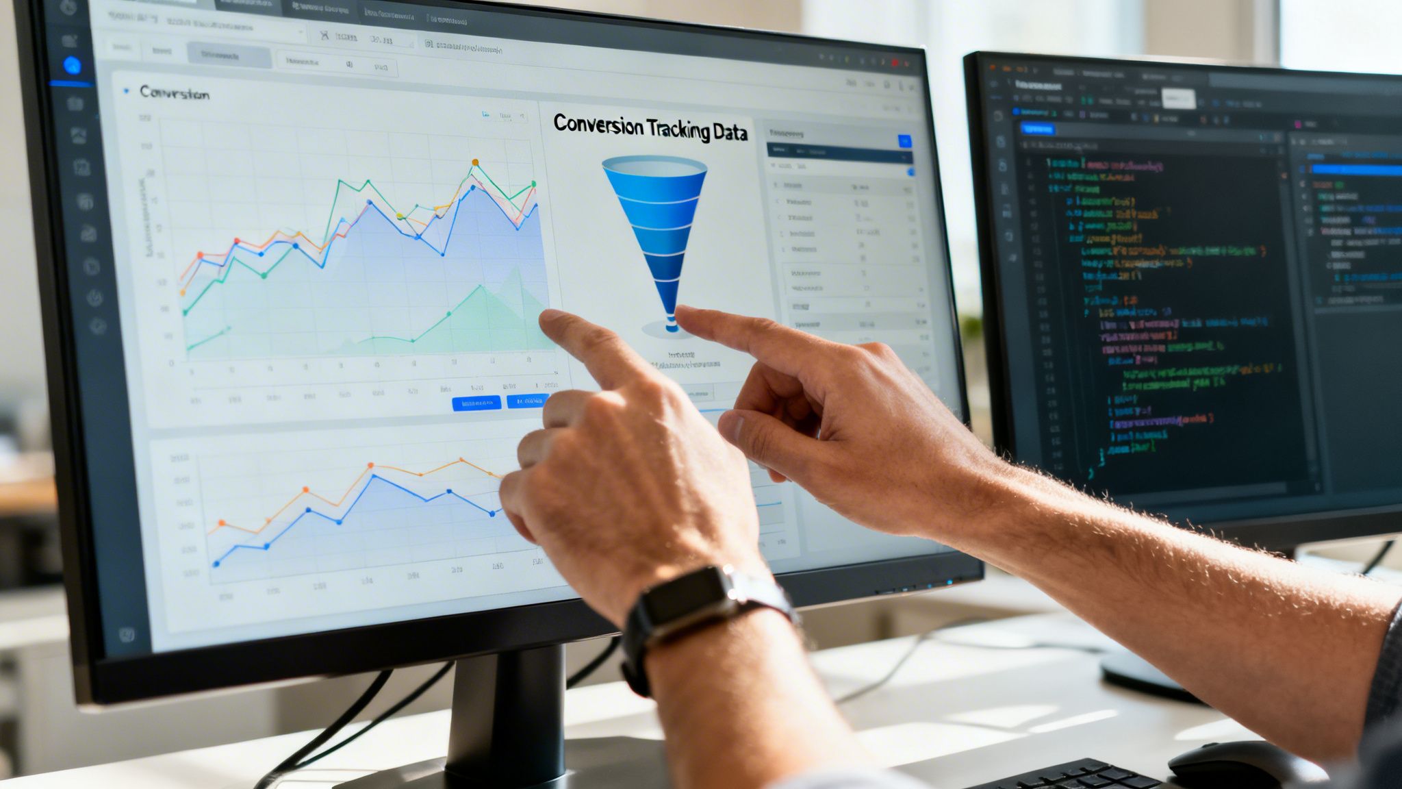 Ein Entwickler analysiert Website-Conversion-Tracking-Daten und Funnel-Charts auf zwei großen Computermonitoren.