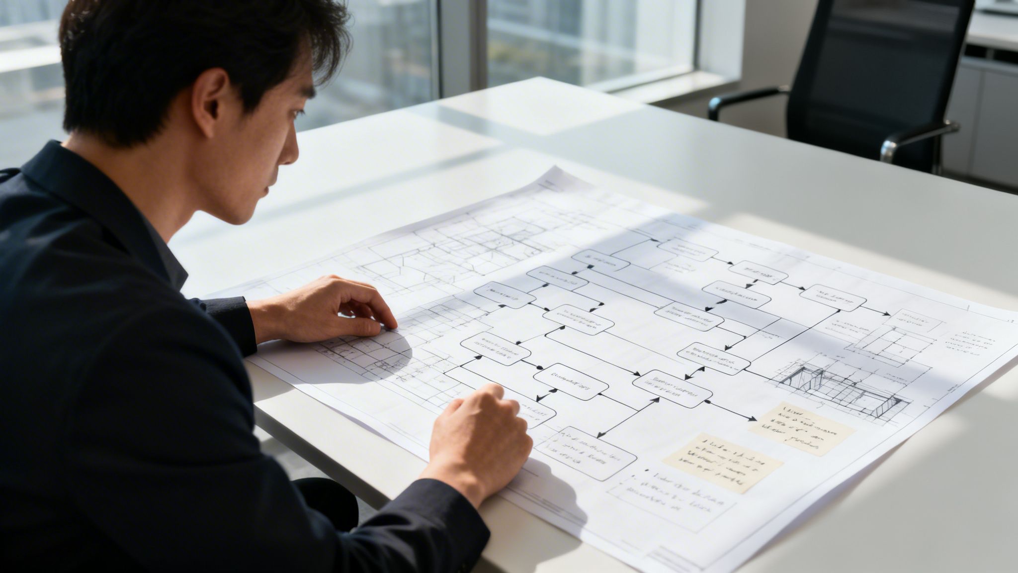 Ein professioneller Mann im Business-Anzug überprüft technische architektonische Baupläne auf einem großen weißen Bürotisch.