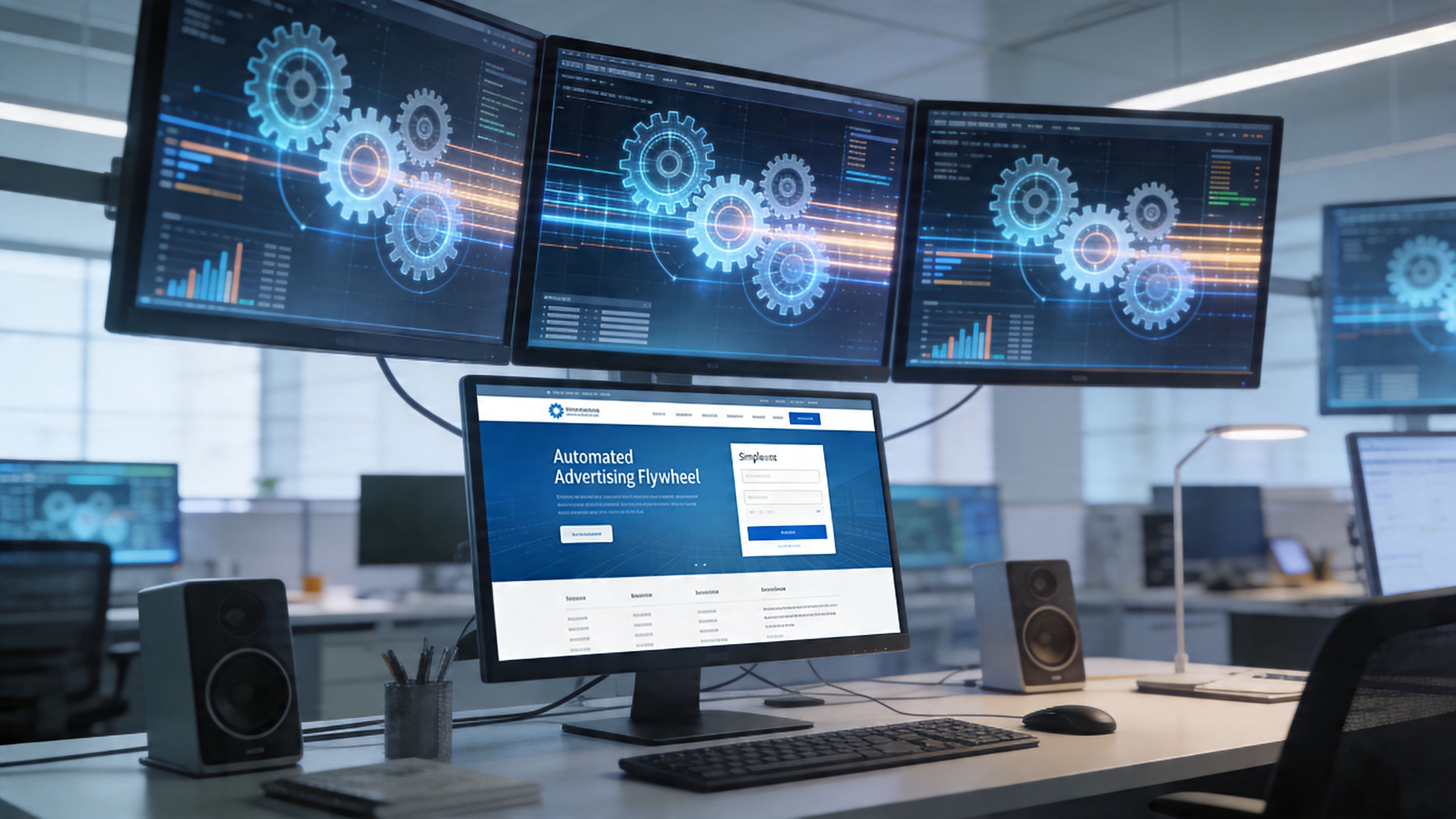 Un spațiu de lucru modern de birou, cu mai multe ecrane care afișează analitice avansate de publicitate digitală și elemente grafice.
