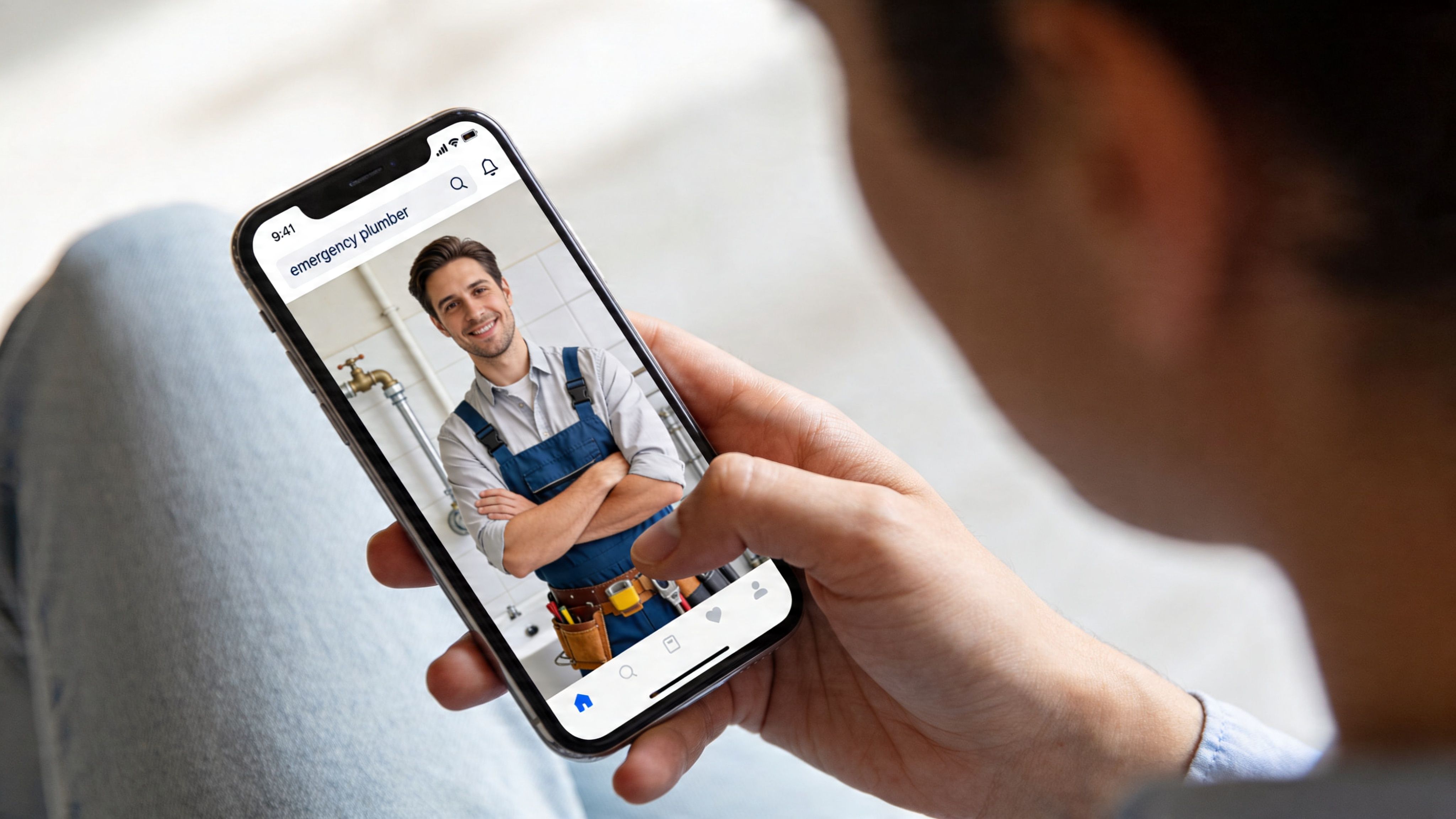 O persoană ține un smartphone și caută un serviciu de instalator de urgență folosind o interfață de aplicație mobilă.